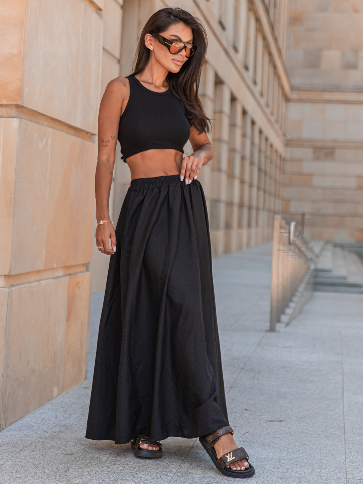 Lniana maxi SPÓDNICA czarna X252 k01