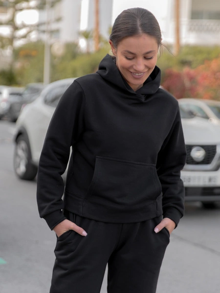 Dresowy bawełniany KOMPLET bluza z kapturem kangurka i spodnie czarny X550