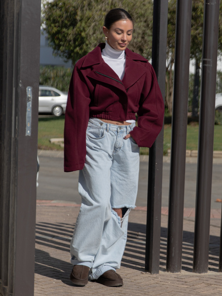 Oversizowa krótka KURTKA o szerokim kroju ramoneska bordowa X468