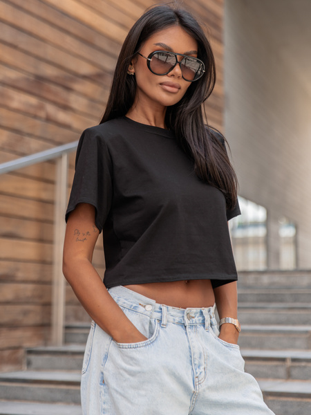 Bawełniany T-SHIRT bluzka z krótkim rękawem z poduszkami na ramionach czarny E429