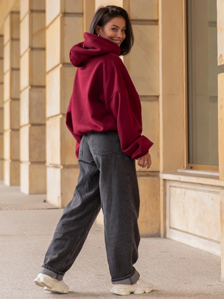 Viralowa Dresowa bawełniana BLUZA z kapturem oversize szeroka bordowa E644