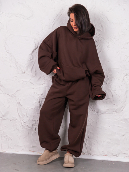 Dresowa bawełniana BLUZA z kapturem oversize szeroka brązowa E644