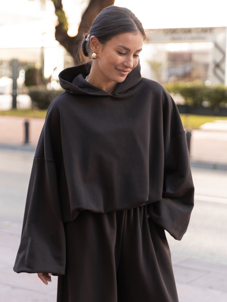 Bawełniana dresowa BLUZA z kapturem oversize z szerokimi rękawami z dresu pętelkowego dark chocolate X515