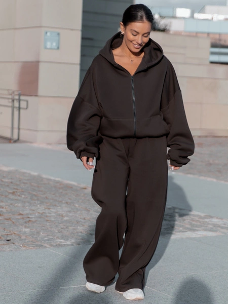 Oversizowa BLUZA z kapturem zapinana na zamek bluzowana kangurka z bawełnianej dresówki dark chocolate X1