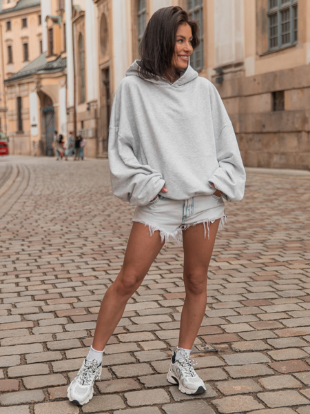 Luźna BLUZA z kapturem oversize szeroka z bawełnianej dresówki niedrapanej od wewnątrz szary melanż X150