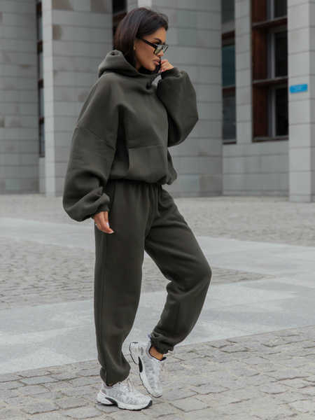 Viralowa Bawełniana BLUZA z drapanego dresu z kapturem na stójce z kieszeniami kangurka dark khaki E1