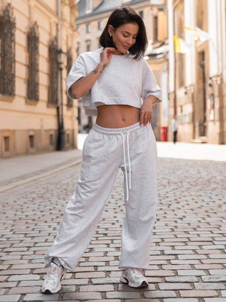 Luźne SPODNIE baggy ze sznurkiem z bawełnianej dresówki niedrapanej od wewnątrz szary melanż X217 k01