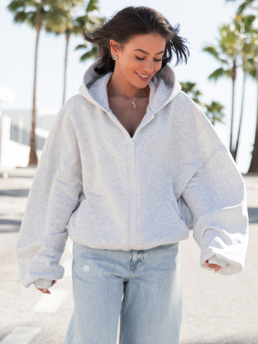 Oversizowa BLUZA z kapturem zapinana na zamek bluzowana kangurka z bawełnianej dresówki szary melanż X1