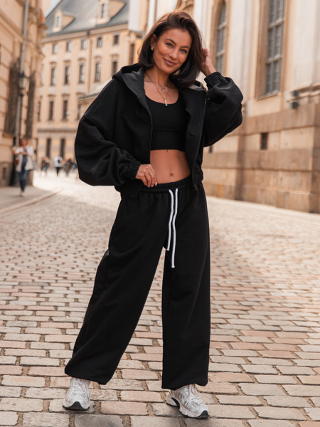 Luźna BLUZA z kapturem zapinana na zamek oversize szeroka z bawełnianej dresówki niedrapanej od wewnątrz czarna X218 k01