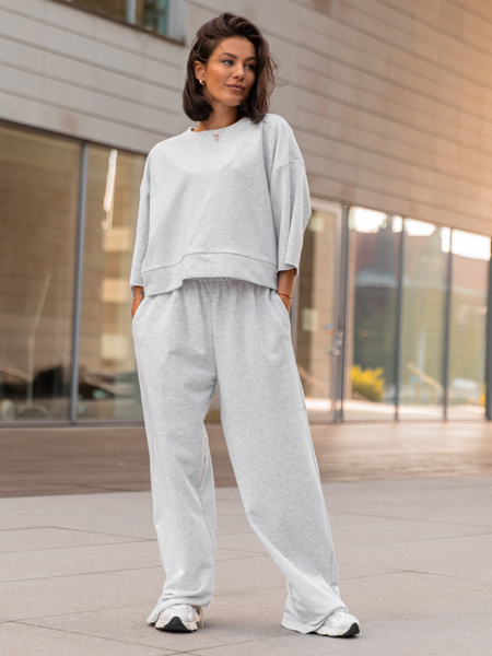 Dresowy bawełniany KOMPLET oversizowa bluzka i luźne spodnie z szerokimi nogawkami szary melanż X353