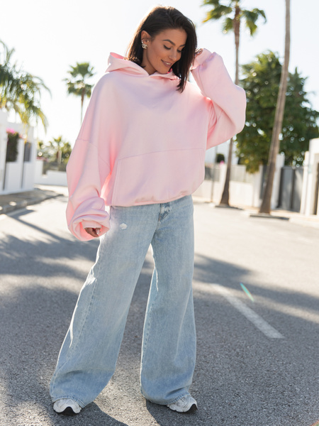 Viralowa Dresowa bawełniana BLUZA z kapturem oversize szeroka baby pink E644