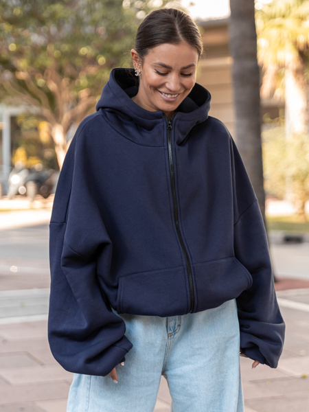 Bawełniana oversizowa BLUZA z kapturem zapinana na zamek z dresu drapanego navy blue X508