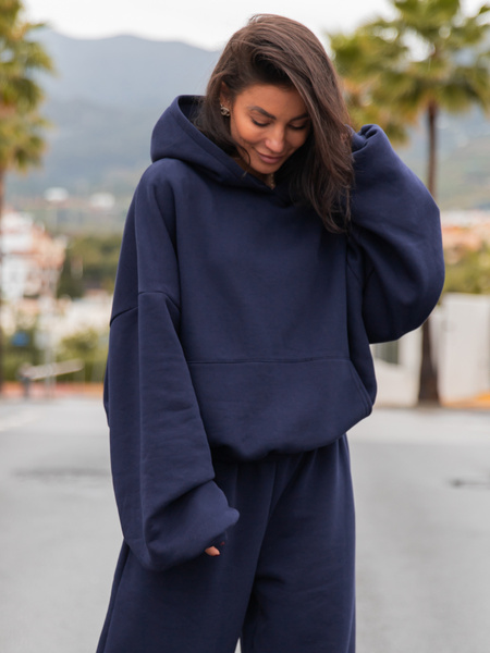 Viralowa Dresowa bawełniana BLUZA z kapturem oversize szeroka navy blue E644