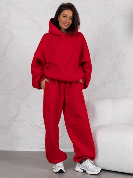 Dresowa bawełniana BLUZA z kapturem oversize szeroka czerwona E644