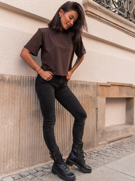 Bawełniany T-SHIRT bluzka z krótkim rękawem z poduszkami na ramionach brązowy E429