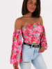 Gorsetowa bluzka z szerokimi rękawami różowa w róże c182 k01