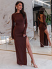 Elegancka dopasowana SUKIENKA maxi z wycięciem na plecach brązowa E637 k01