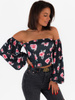 Gorsetowa bluzka z szerokimi rękawami czarna w róże c182 k01
