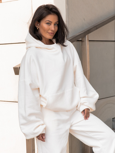 Viralowa Bawełniana BLUZA z drapanego dresu z kapturem na stójce z kieszeniami kangurka ecru E1