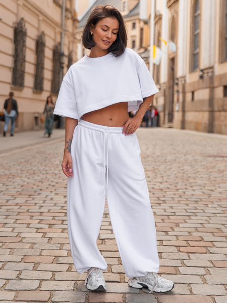 Luźne SPODNIE baggy ze sznurkiem z bawełnianej dresówki niedrapanej od wewnątrz białe X217 k01
