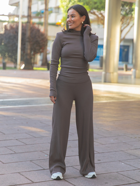 Bawełniane luźne SPODNIE z szerokimi nogawkami z dzianiny prążkowanej dark mokka X462