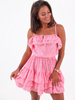 Sukienka z falbankami wiązane ramiączka różowa w cętki b102 k01