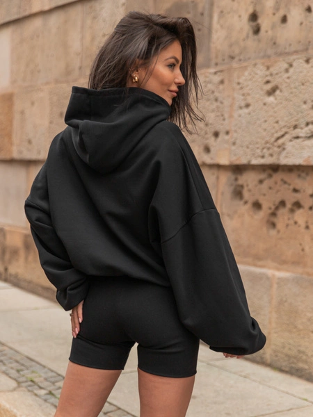 Luźna BLUZA z kapturem oversize szeroka z bawełnianej dresówki niedrapanej od wewnątrz czarna X150