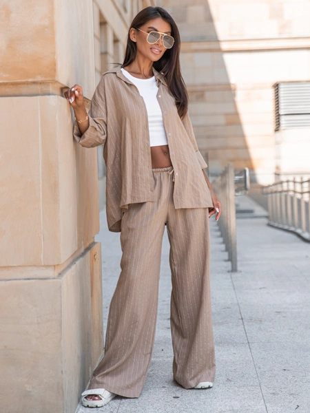 Lniana oversizowa dłuższa KOSZULA mokka w tenisowy prążek X250 k01