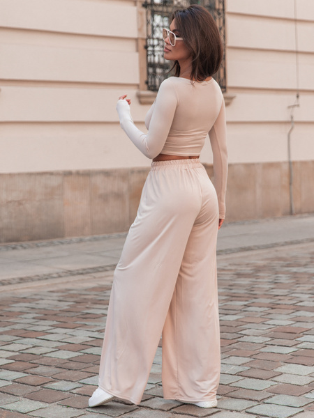 Zwiewny KOMPLET luźne spodnie i krótki top beżowy E337 k01
