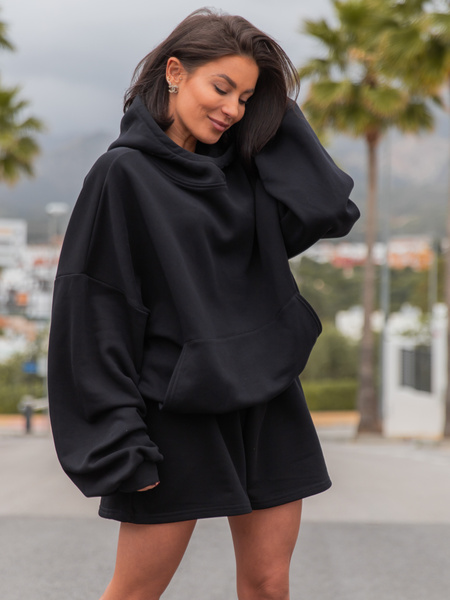 Viralowa Bawełniana BLUZA z drapanego dresu z kapturem na stójce z kieszeniami kangurka czarny E1