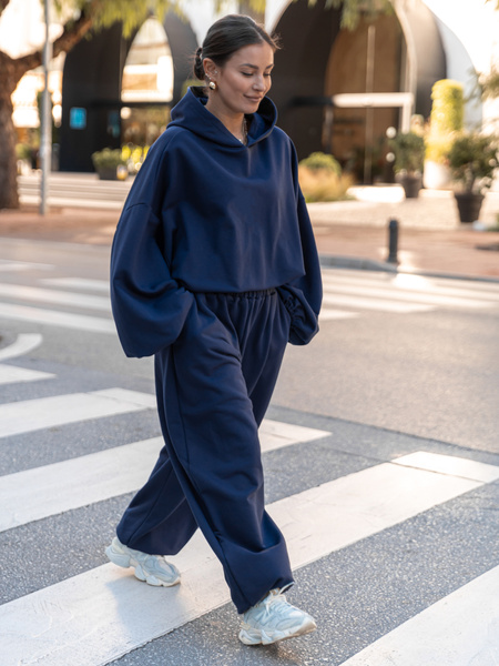 Bawełniane dresowe SPODNIE oversize baggy ze ściągaczami z dresówki pętelkowej navy blue X516