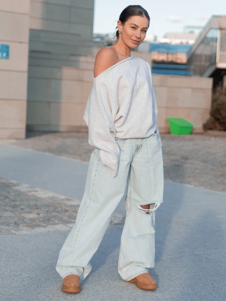 Dresowa bawełniana BLUZA opuszczana na ramiona oversize szeroka szary melanż X413 k01