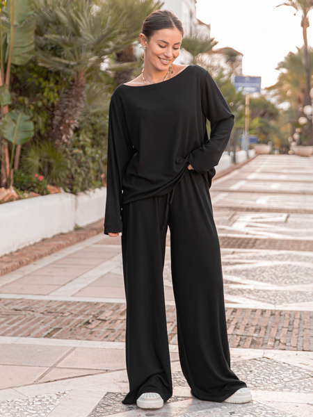 Luźna komfortowa BLUZKA z długim rękawem z prążkowanej dzianiny wiskoza i bawełna czarna X506