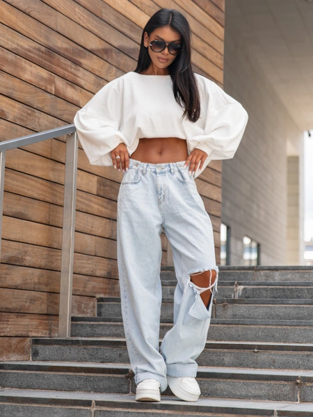 Luźny oversizowy codzienny SWETER o klasycznym splocie ecru X361