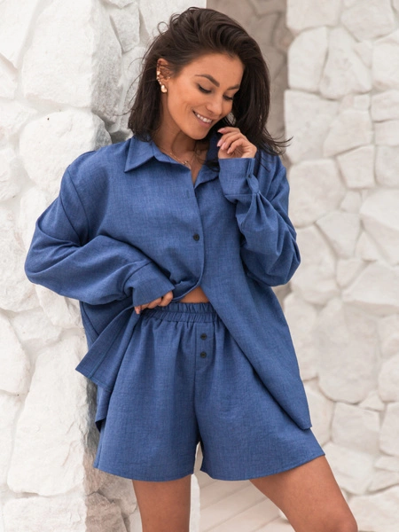 KOMPLET oversizowa koszula z długim rękawem i krótkie spodenki z tkaniny ala len ciemny jeansowy X166 k01