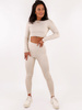 BASICOWY KOMPLET krótki top z długim rękawem i legginsy z prążkowanej wiskozy z lnem melanż beż d133 k01