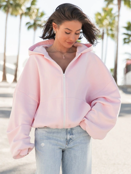Oversizowa BLUZA z kapturem zapinana na zamek bluzowana kangurka z bawełnianej dresówki baby pink X1