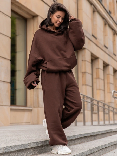 Viralowa Dresowa bawełniana BLUZA z kapturem oversize szeroka brązowa E644