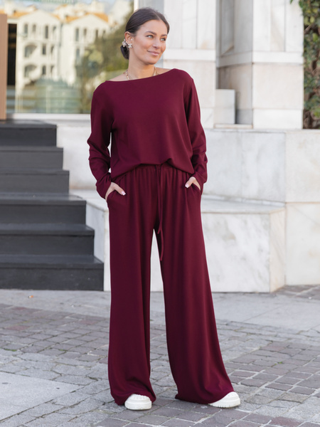 Luźna komfortowa BLUZKA z długim rękawem z prążkowanej dzianiny wiskoza i bawełna bordowa X506