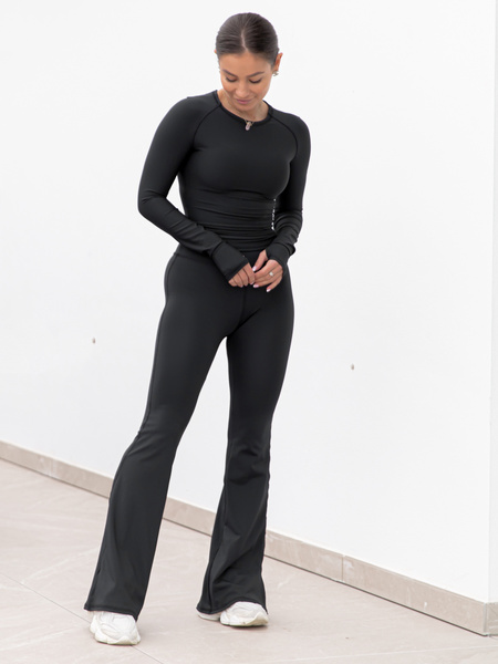 FITNESS / SIŁOWNIA / JOGA dopasowane SPODNIE legginsy z rozszerzanymi nogawkami z wysokim stanem czarne F103