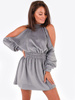 WELUROWA SUKIENKA GOŁE RAMIONA OVERSIZE szara B154 k01
