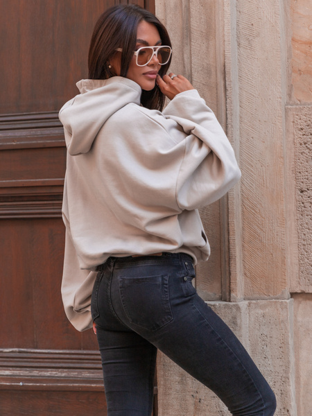 Bawełniana BLUZA z drapanego dresu z kapturem na stójce z kieszeniami kangurka stone E1