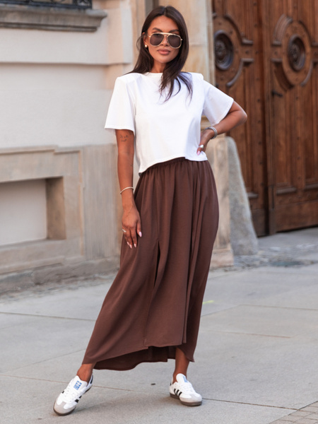 Zwiewna długa SPÓDNICA maxi z rozporkami brązowa E414