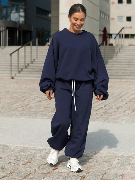 Dresowe bawełniane SPODNIE baggy niski stan navy blue X403