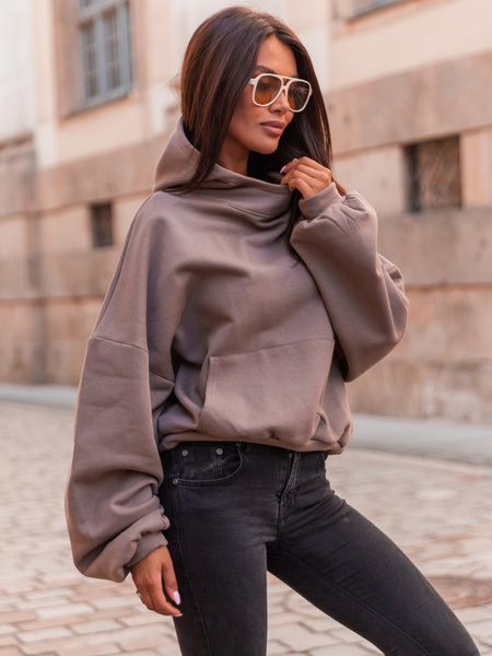 Bawełniana BLUZA z drapanego dresu z kapturem na stójce z kieszeniami kangurka mokka E1