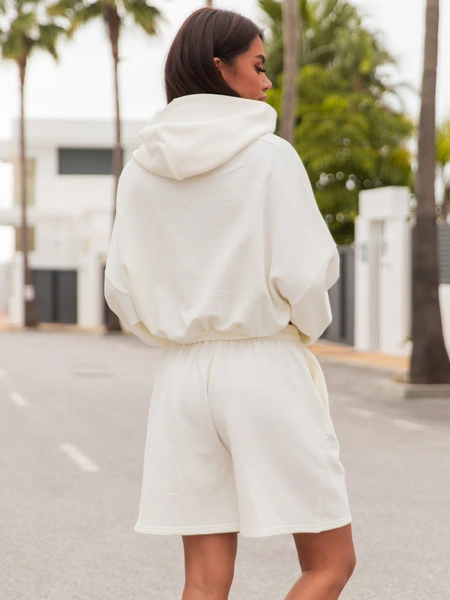 Bawełniana krótka oversizowa BLUZA dresowa z kapturem kangurka ecru X51 k01