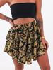 ROZKLOSZOWANA ZWIEWNA MINI SPÓDNICA czarna w złote wzory B73 k01