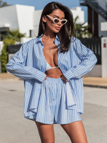 Bawełniany KOMPLET oversizowa koszula z długim rękawem i krótkie spodenki w paski blue X135