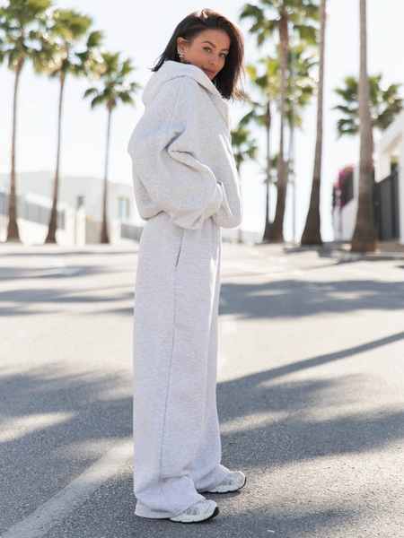 Dresowe bawełniane SPODNIE  z szerokimi nogawkami szary melanż X31