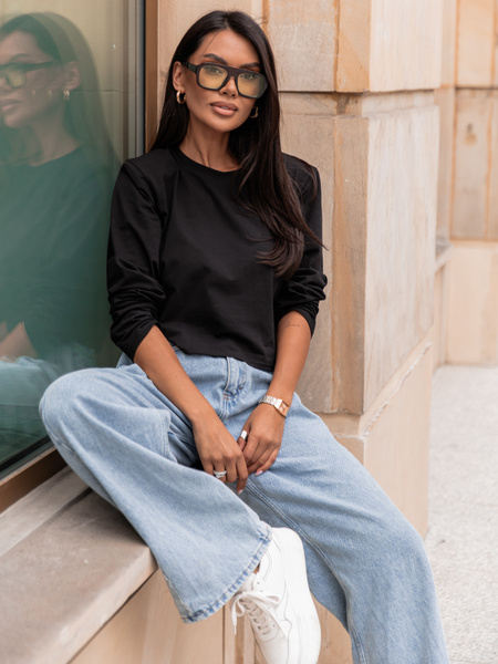 Bawełniany T-SHIRT bluzka z długim rękawem z poduszkami na ramionach czarna X308